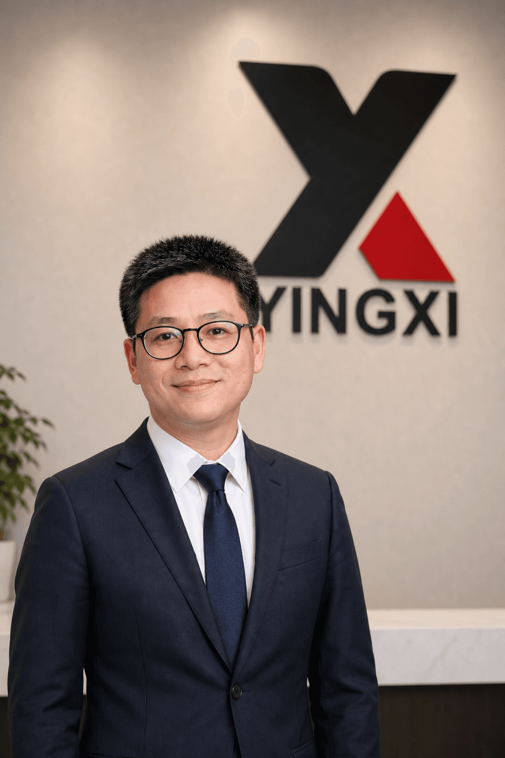 YINGXI Food representative in front of the YINGXI company logo wall
