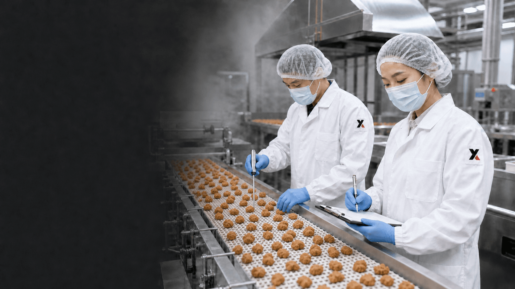 YINGXI quality team in masks checking naturally arranged fried chicken pieces and recording quality results