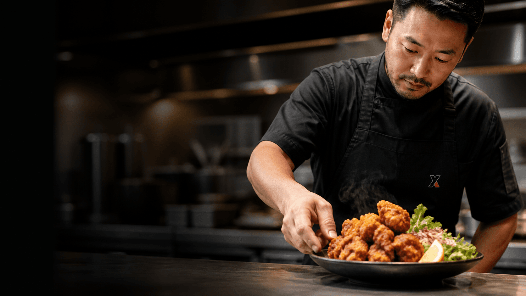 Chef preparing a chicken karaage dish for foodservice